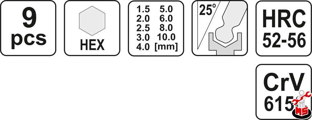 Set chei imbus hex 9 buc 1.5 - 10 mm Yato YT-0505