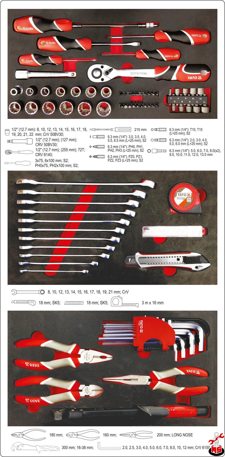 Troler scule cu 3 compartimente 78 piese Yato YT-09104